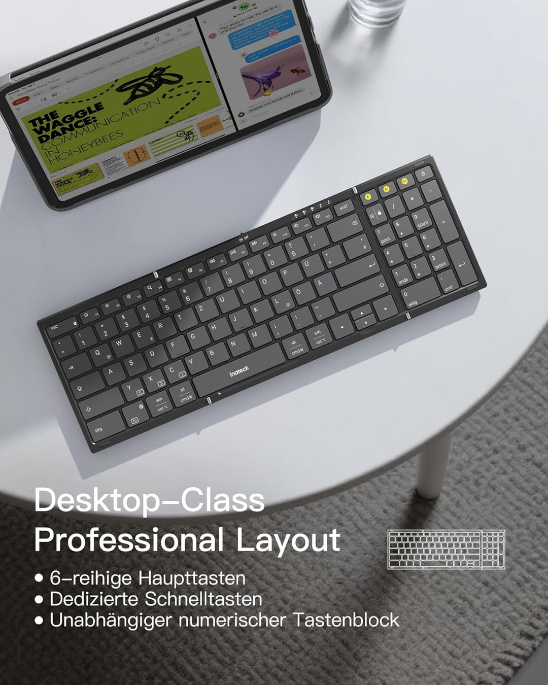 Inateck Faltbare Tastatur Maus Set Kabellos,Klappbare Tastatur mit Ziffernblock mit 3 Kanälen,mit St