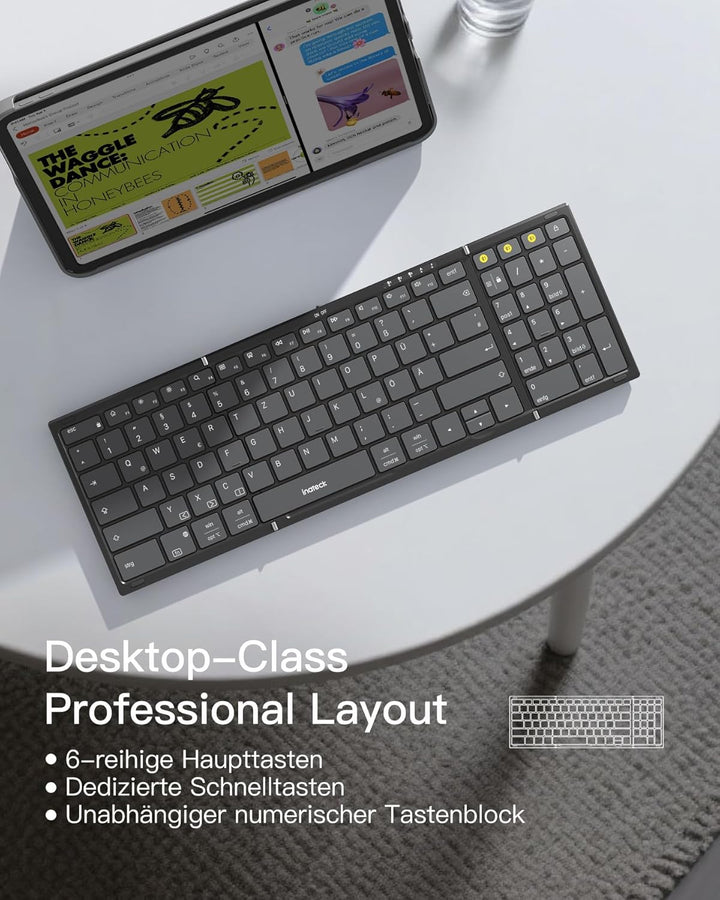 Inateck Faltbare Tastatur Maus Set Kabellos,Klappbare Tastatur mit Ziffernblock mit 3 Kanälen,mit St
