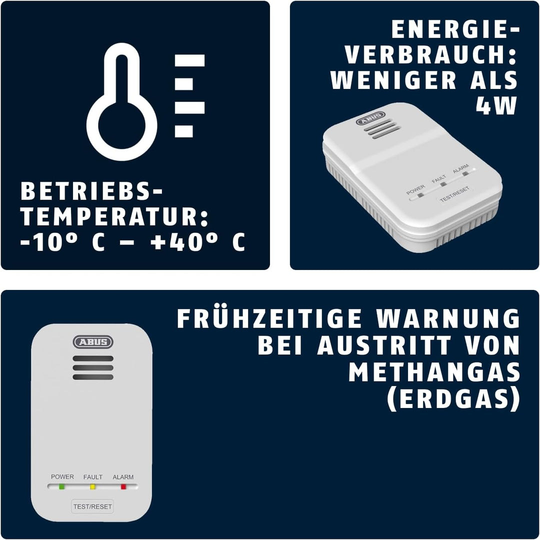 ABUS Gasmelder GWM100ME für Gasthermen - Erdgas (Methan) / Stadtgas - Alarmlautstärke 85 dB -  weiss