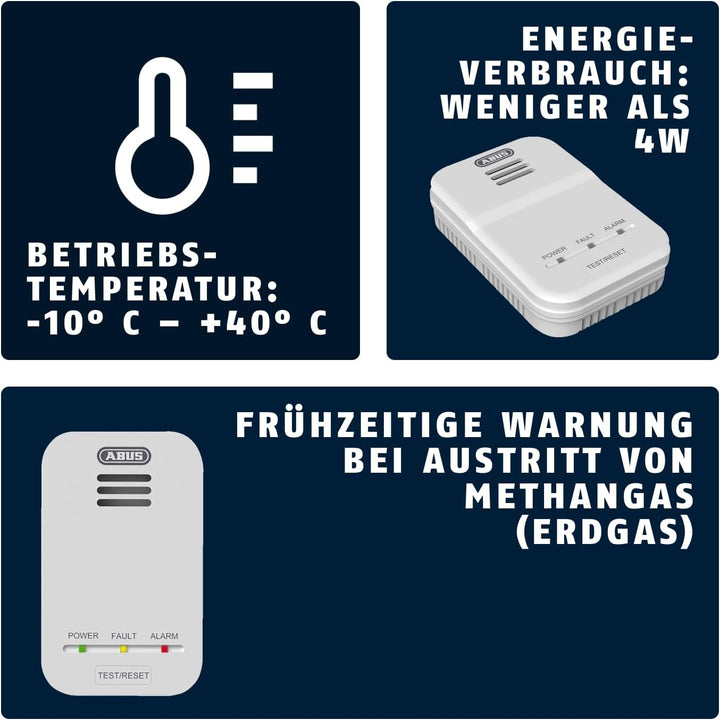 ABUS Gasmelder GWM100ME für Gasthermen - Erdgas (Methan) / Stadtgas - Alarmlautstärke 85 dB -  weiss