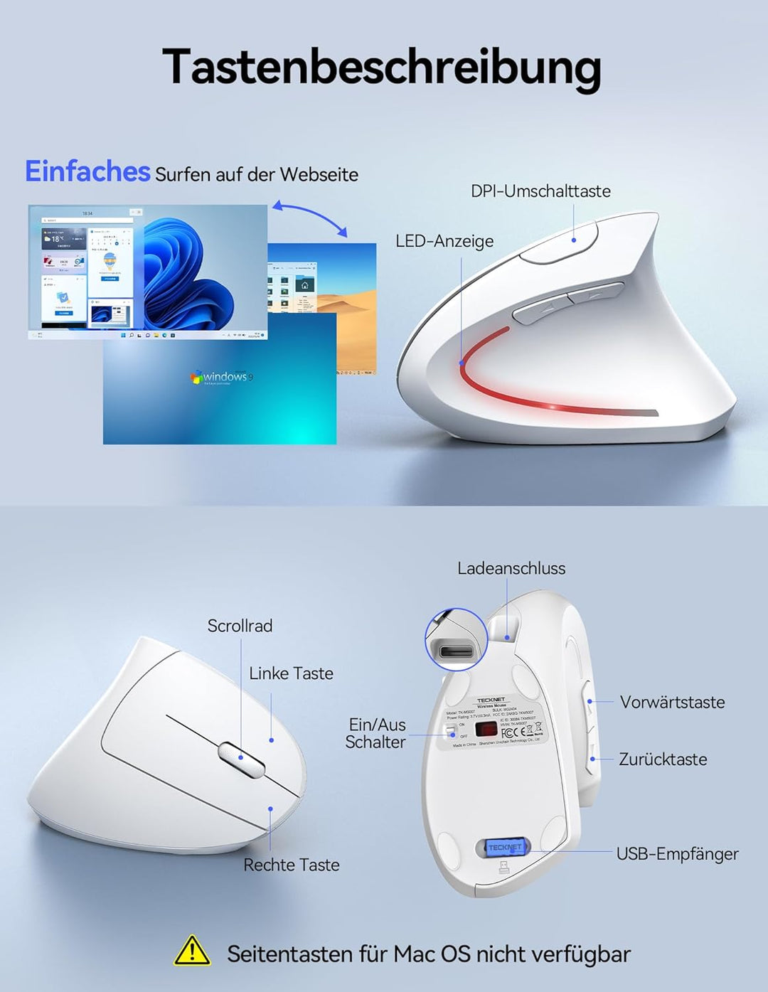 TECKNET Wiederaufladbar Ergonomische Maus Kabellos, 2.4G Optische Vertikale Maus Ergonomisch, 5 Eins