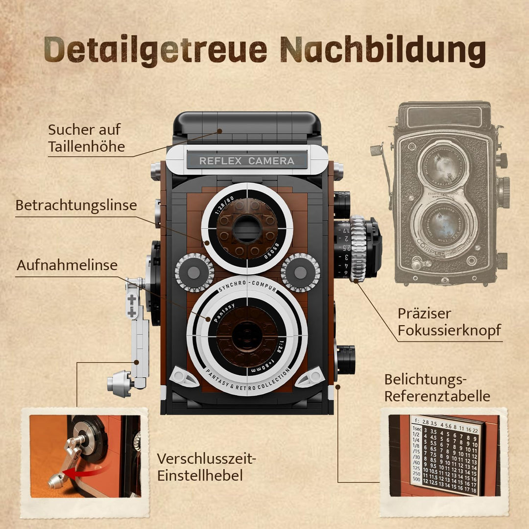 PANTASY Retro Kamera Klemmbaustein-Set für Erwachsene, Klassische Twin-Lens-Reflex Kamera Modell mit
