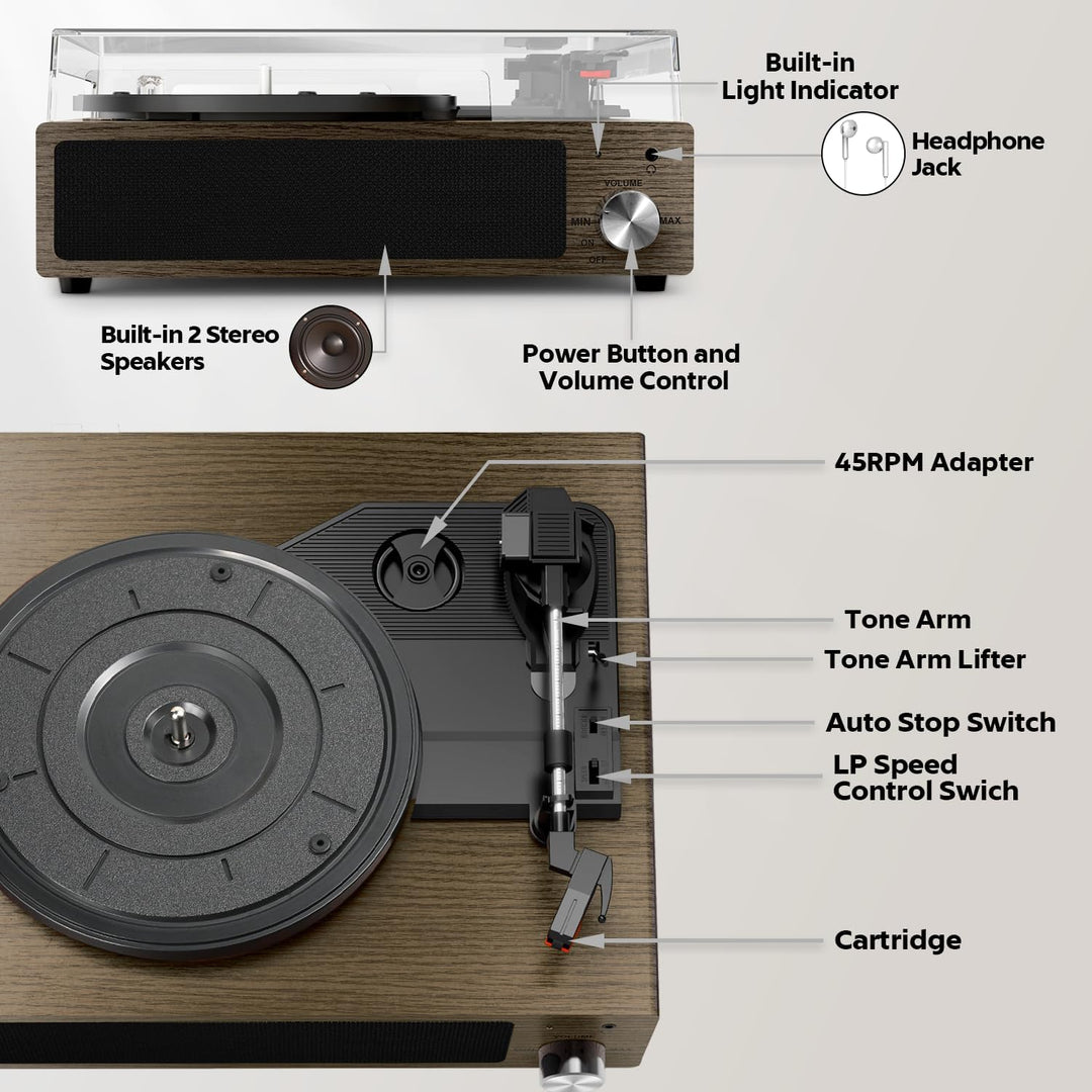 Plattenspieler, FYDEE Vinyl Plattenspieler Bluetooth mit 2 Eingebauten Stereo Lautsprecher, Vintage
