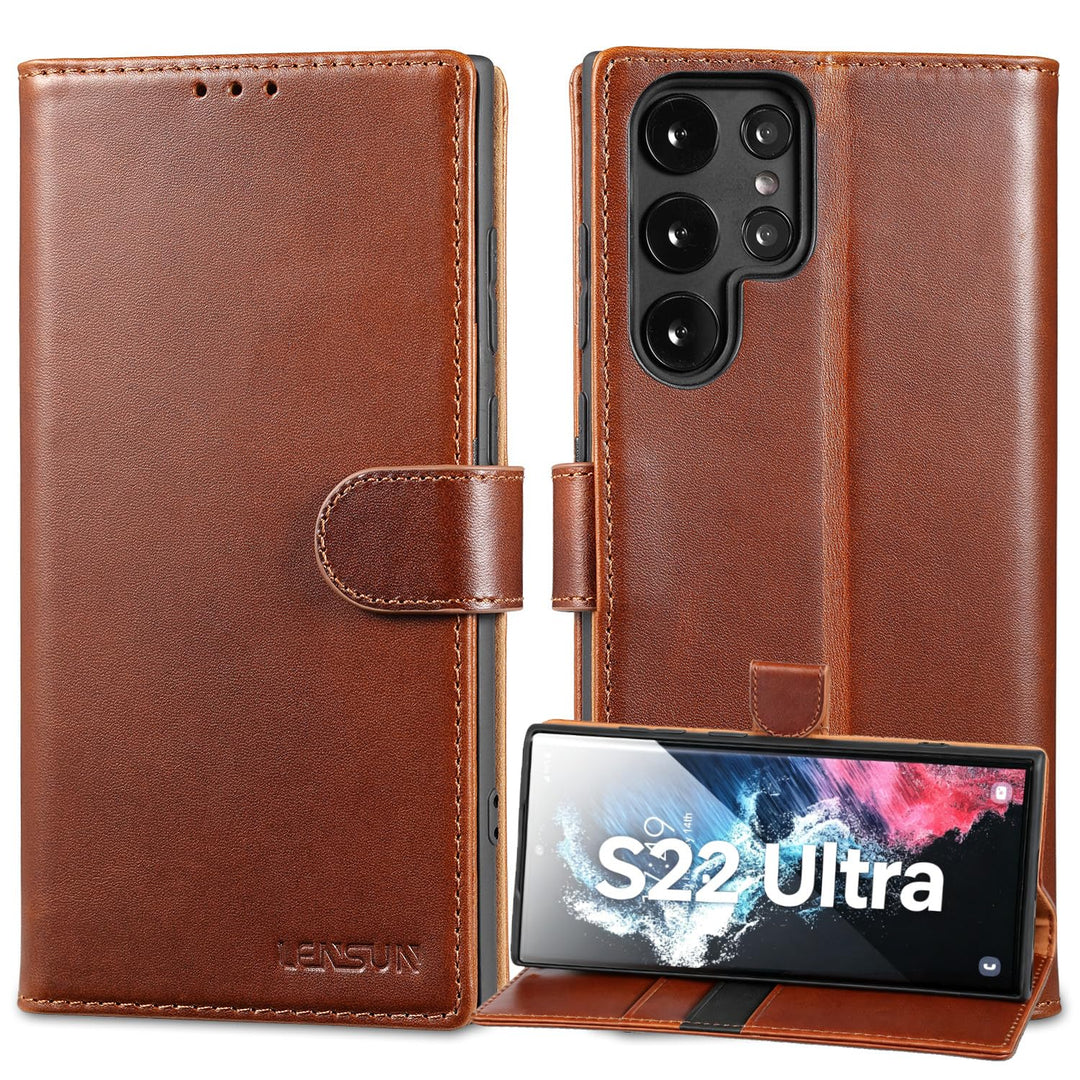 LENSUN Echtleder Hülle für Samsung Galaxy S22 Ultra, Handyhülle [Echtes Leder][Kartenfach][RFID Schu