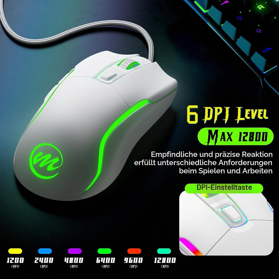 memzuoix Gaming Maus mit Kabel und LED-Lichtern – 12.800 DPI einstellbar, 6 Tasten, 12 RGB-Modi, Erg