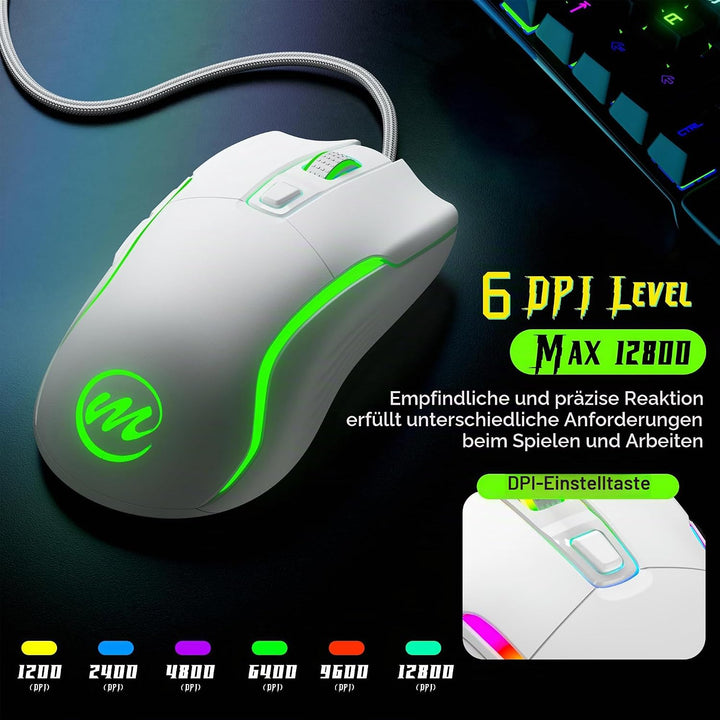 memzuoix Gaming Maus mit Kabel und LED-Lichtern – 12.800 DPI einstellbar, 6 Tasten, 12 RGB-Modi, Erg