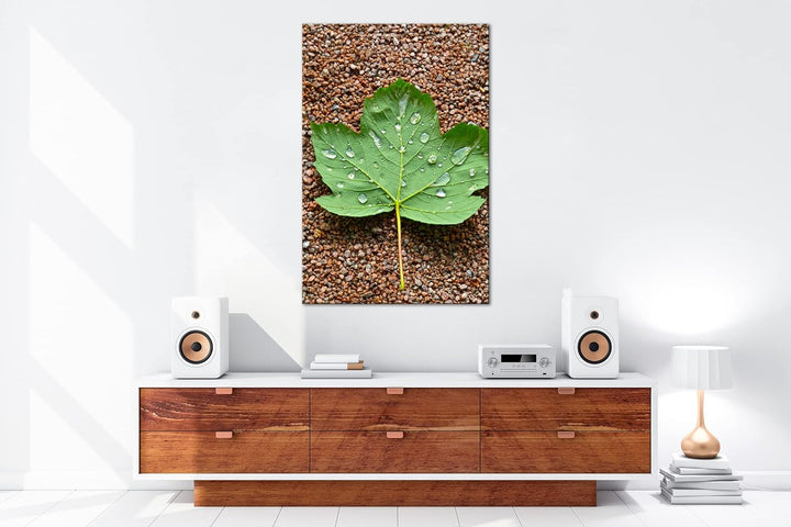 deyoli grünes Ahornblatt mit Tropfen im Format: 80x60 als Leinwandbild, Motiv fertig gerahmt auf Ech