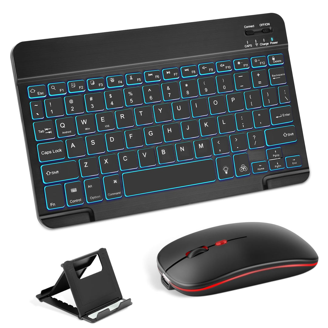 Bluetooth Tastatur Maus Set mit Halter, Funk Tastatur und Maus mit 7 Farben Hintergrundbeleuchtung,