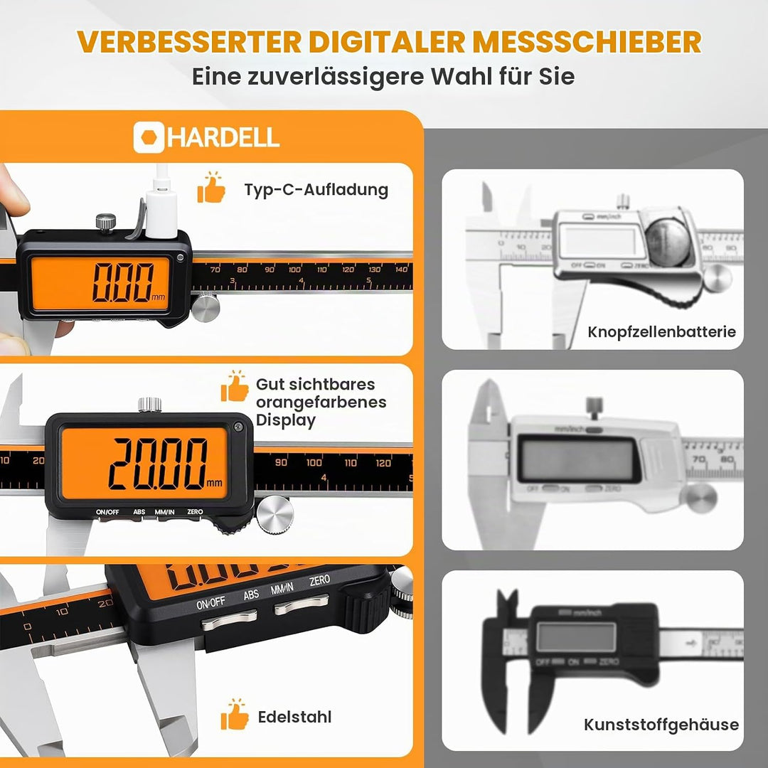 HARDELL Digital Caliper, Rechargeable Digital Caliper with Large Orange Screen - Anti-Glare LCD &amp; AB