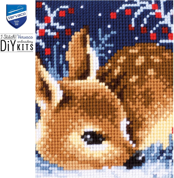 Vervaco Kreuzstichkissen Schlafendes Rehkitz Kreuzstichpackung, Stramin, Weiss, 40 x 40 x 0,3 cm