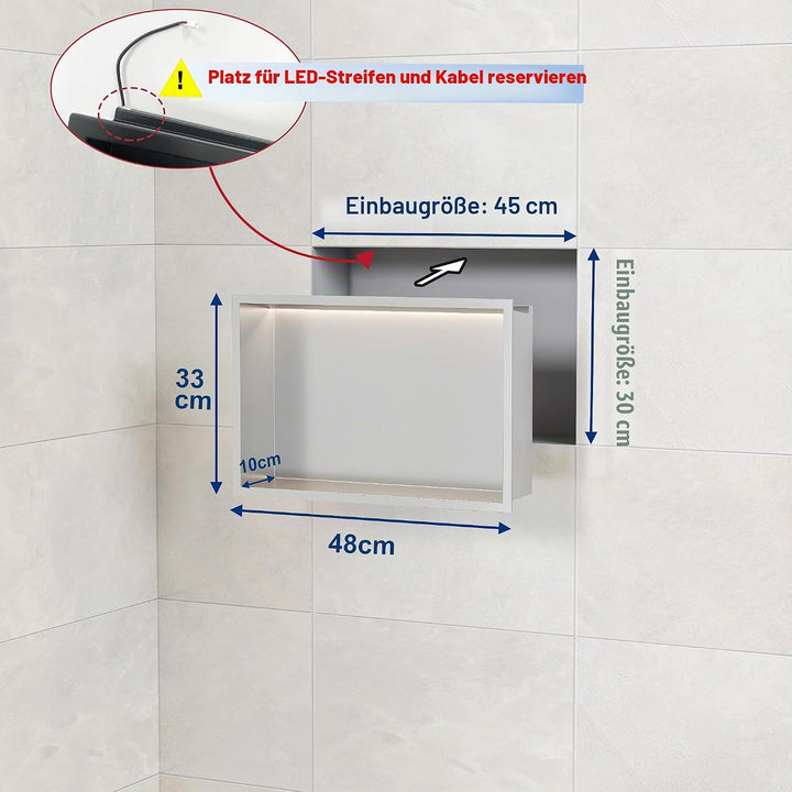 Wandnische Dusche Edelstahl mit LED-Beleuchtung, Duschnische Einbau-Nische mit Farbtemperatureinstel