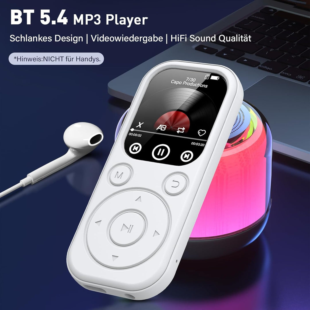128GB MP3 Player Bluetooth, RWSRW MP3-Player mit Kopfhörer FM Radio Diktiergerät Mini Design HiFi-So