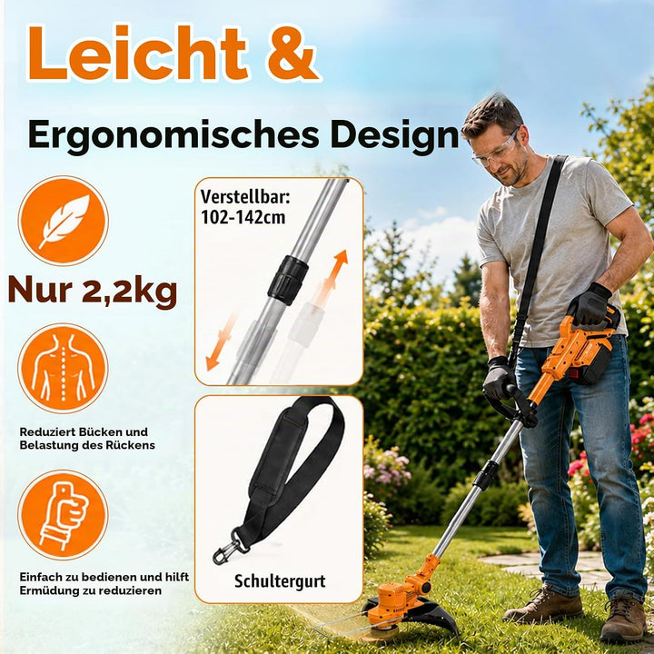 Rasentrimmer mit Akku und Unkrautbürste, 21V Akku Freischneider 2 Akku 4.0Ah, 24CM Schnittbreite Akk