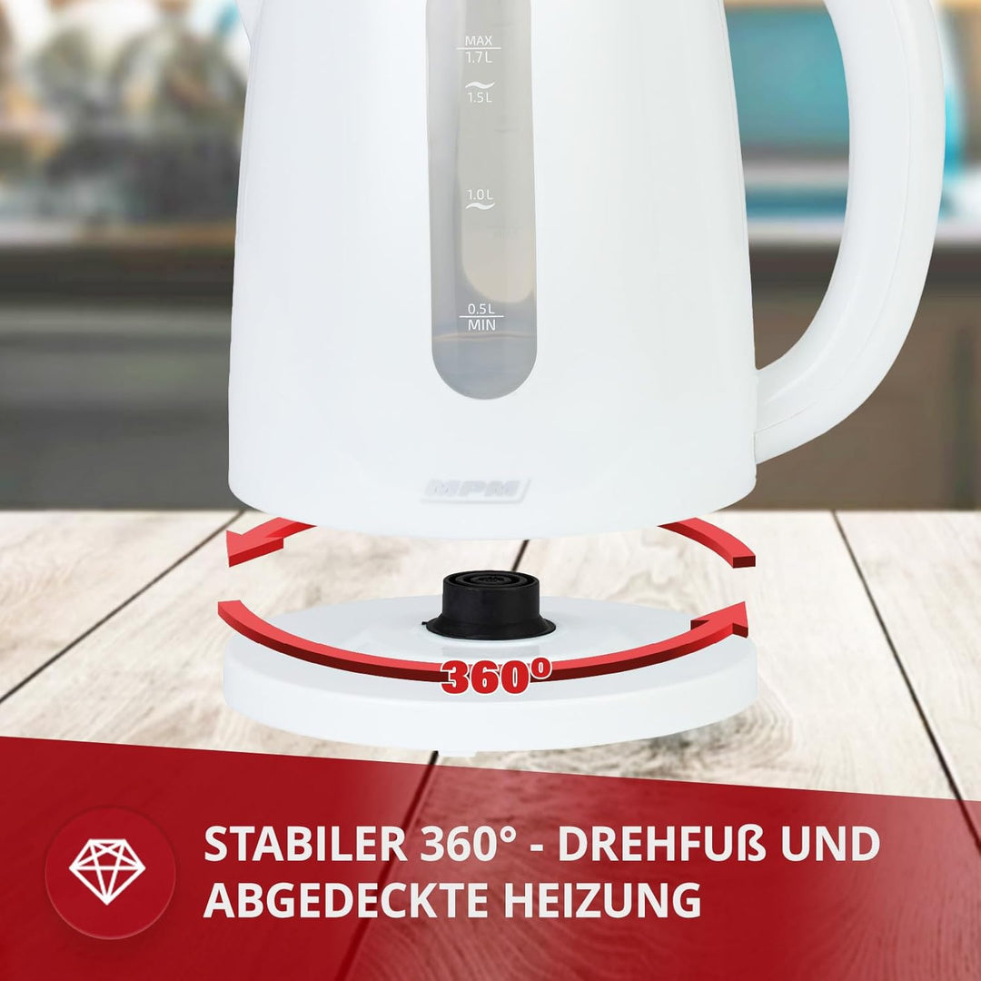 MPM MCZ-85 Elektrischer Wasserkocher, Fassungsvermögen 1,7 Liter BPA frei, Kabellos, 360°-Drehbasis,
