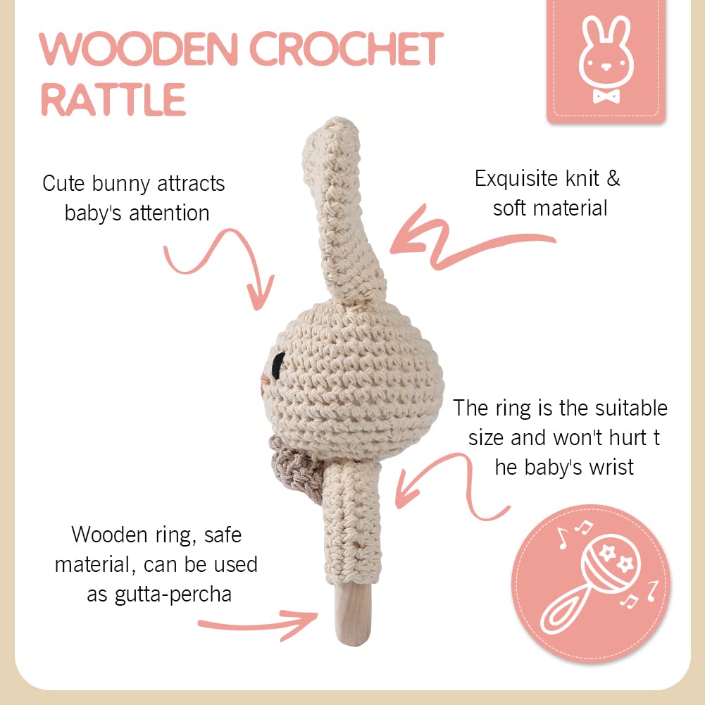 Youuys Babyrassel Gehäkelte Holz Häkeln Tiere Greifling Baby Holz Rassel Baby mit Sound Handmade Ras