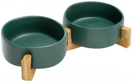 SPUNKYJUNKY Hundenapf Keramik Doppel Hund Futternapf mit Bambus Ständer für Katzen und Hunde (400ml,