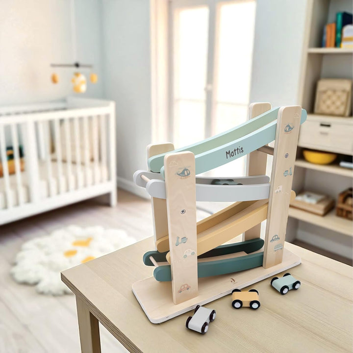Kugelbahn Holz mit Autos personalisiert Holzspielzeug Baby Geschenk Babygeschenk Taufgeschenk für Mä