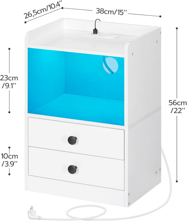 HOOBRO Nachttisch mit LED Streifen, Nachttisch mit Ladestation, Beistelltisch mit 2 Schubladen, Sofa