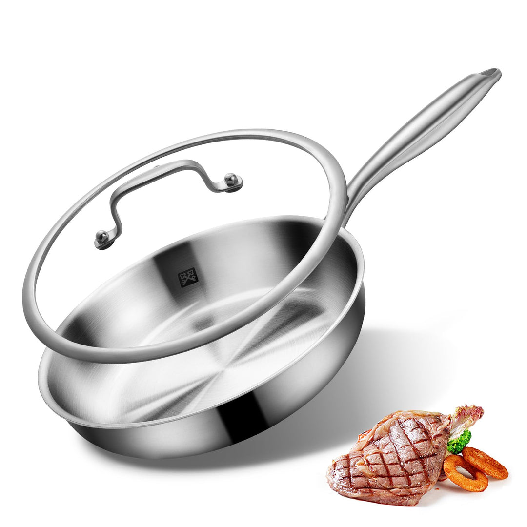 Edelstahl Bratpfanne 24cm mit Deckel, Edelstahl Pfanne unbeschichtet, 3-lagige Edelstahlpfanne induk