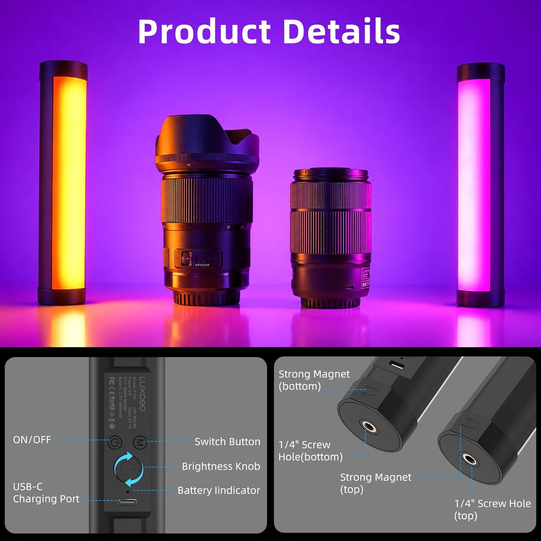 LUXCEO P100 Led Videoleuchte RGB,Mini LED Licht,Tragbares Lightbar für Fotografie, Tiktok YouTube Vi