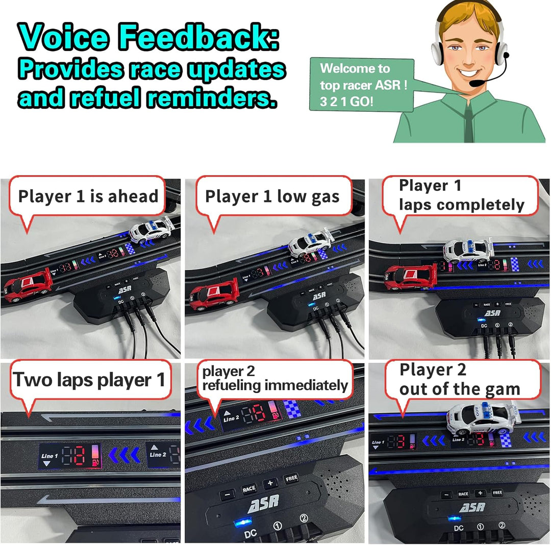 Slot Car Racing Set mit LED-Rundenanzeige, Hochgeschwindigkeit, Tankstopp, Sprachfeedback, 4 lizenzi