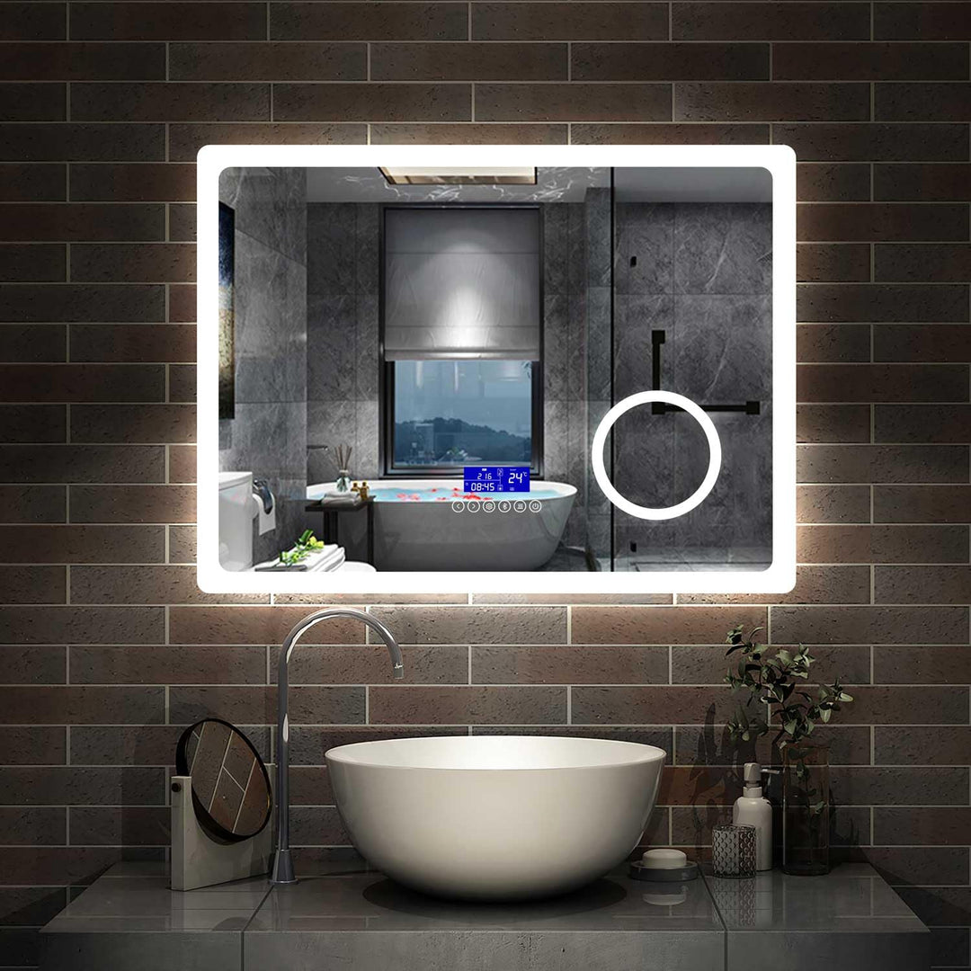 Aica Sanitär LED Badspiegel 80×60cm 2 Lichtfarbe 2700/6000K Wandspiegel mit Bluetooth, Uhr, Touch, B