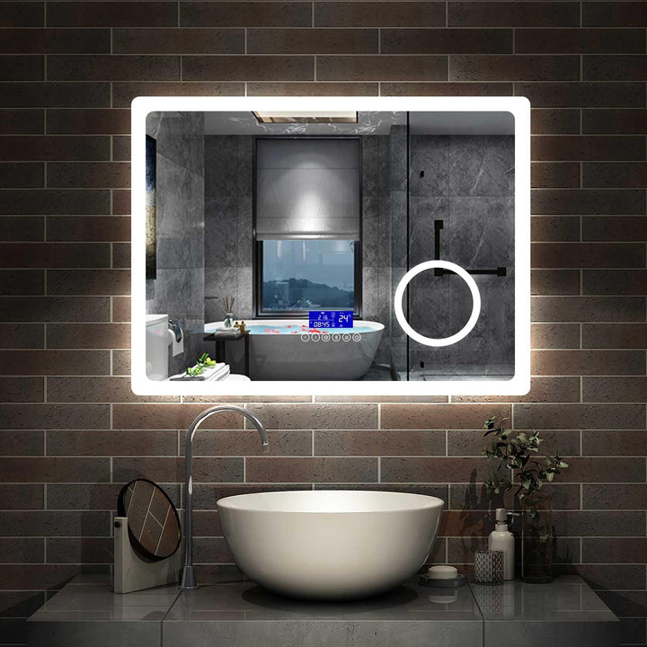 Aica Sanitär LED Badspiegel 80×60cm 2 Lichtfarbe 2700/6000K Wandspiegel mit Bluetooth, Uhr, Touch, B