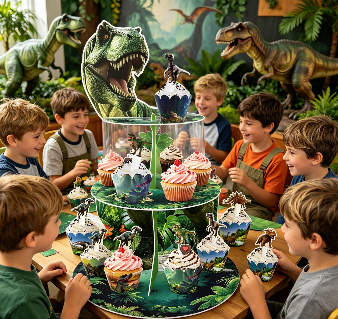 3 Tier Dinosaurier Kuchen Stand, Cupcake Turm, 12Pcs Dinosaurier Kuchen Surround Dinosaurier Thema G