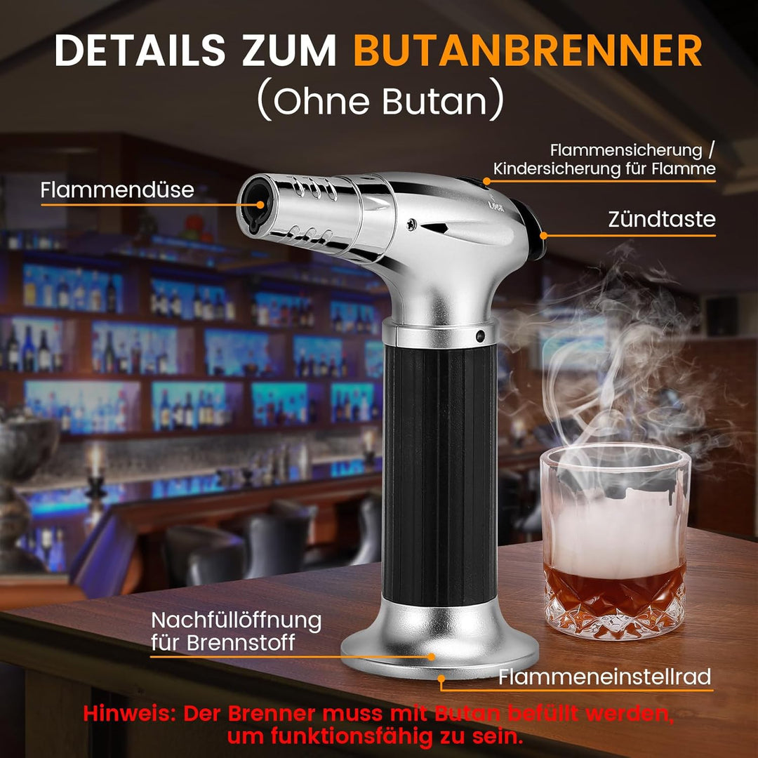 Whiskey Cocktail Smoker Set mit Brenner, 6 Geschmacksrichtungen Holzspäne, 2 Gläser, 2 Eisball-Forme