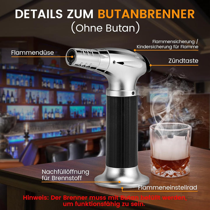 Whiskey Cocktail Smoker Set mit Brenner, 6 Geschmacksrichtungen Holzspäne, 2 Gläser, 2 Eisball-Forme