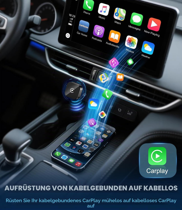 CarPlay Wireless Adapter für Apple 2026, Car Play kabellos Adapter, Plug &amp; Play, USB-A, Mini &amp; Stabi