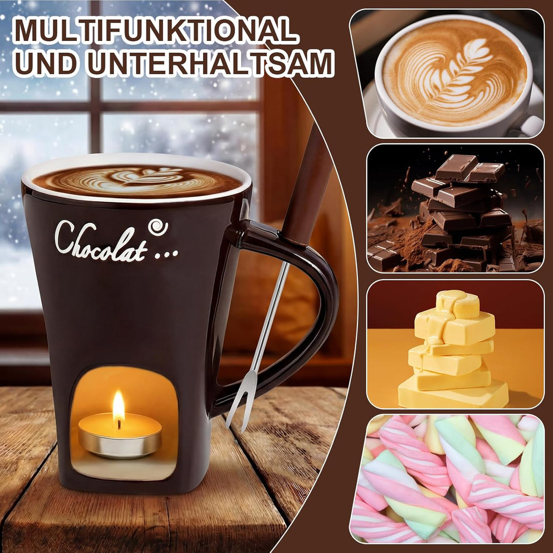 Schokofondue Tasse Schokoladen Fondue Fondueset Becher Set Keramik Schokoladenfondue mit Gabel Schok
