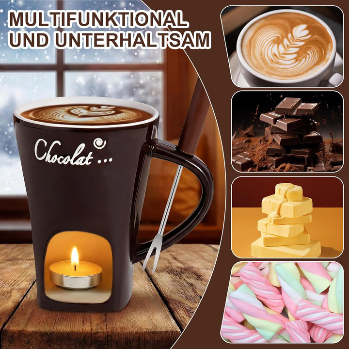Schokofondue Tasse Schokoladen Fondue Fondueset Becher Set Keramik Schokoladenfondue mit Gabel Schok