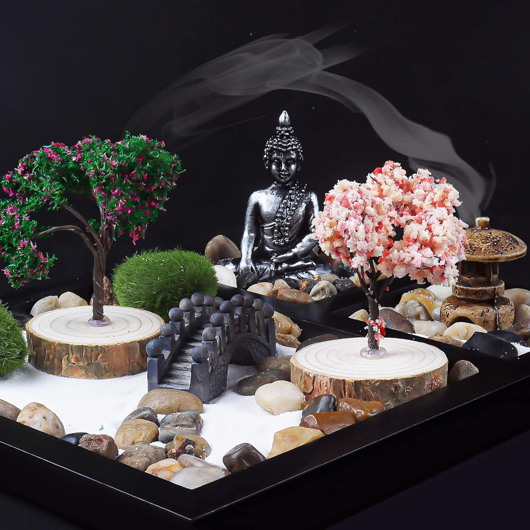 porlik Japanischer Zen-Garten für den Schreibtisch, Mini-Zen-Garten mit Sand, künstliche Bonsai-Baum