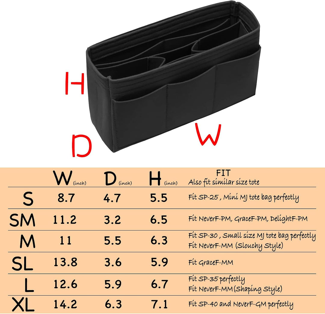 DailyPlus Taschenorganizer-Einsatz aus Filz, für Handtasche oder Tote Bag, 14 Fächer, Schwarz, Gröss