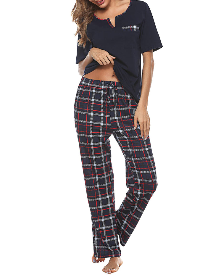 Bresdk Schlafanzug Damen Lang Kariert Kurzarm Pyjama Set Baumwolle Nachtwäsche S Blau M964, S Blau M