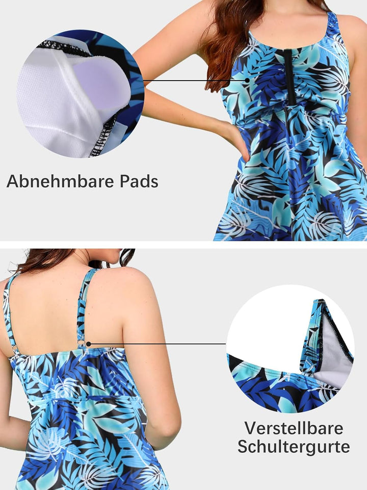 Ecupper Damen Tankini Set Badekleid Blumen Muster Badeanzug mit Shorts Swimsuit Übergrösse M Blaues
