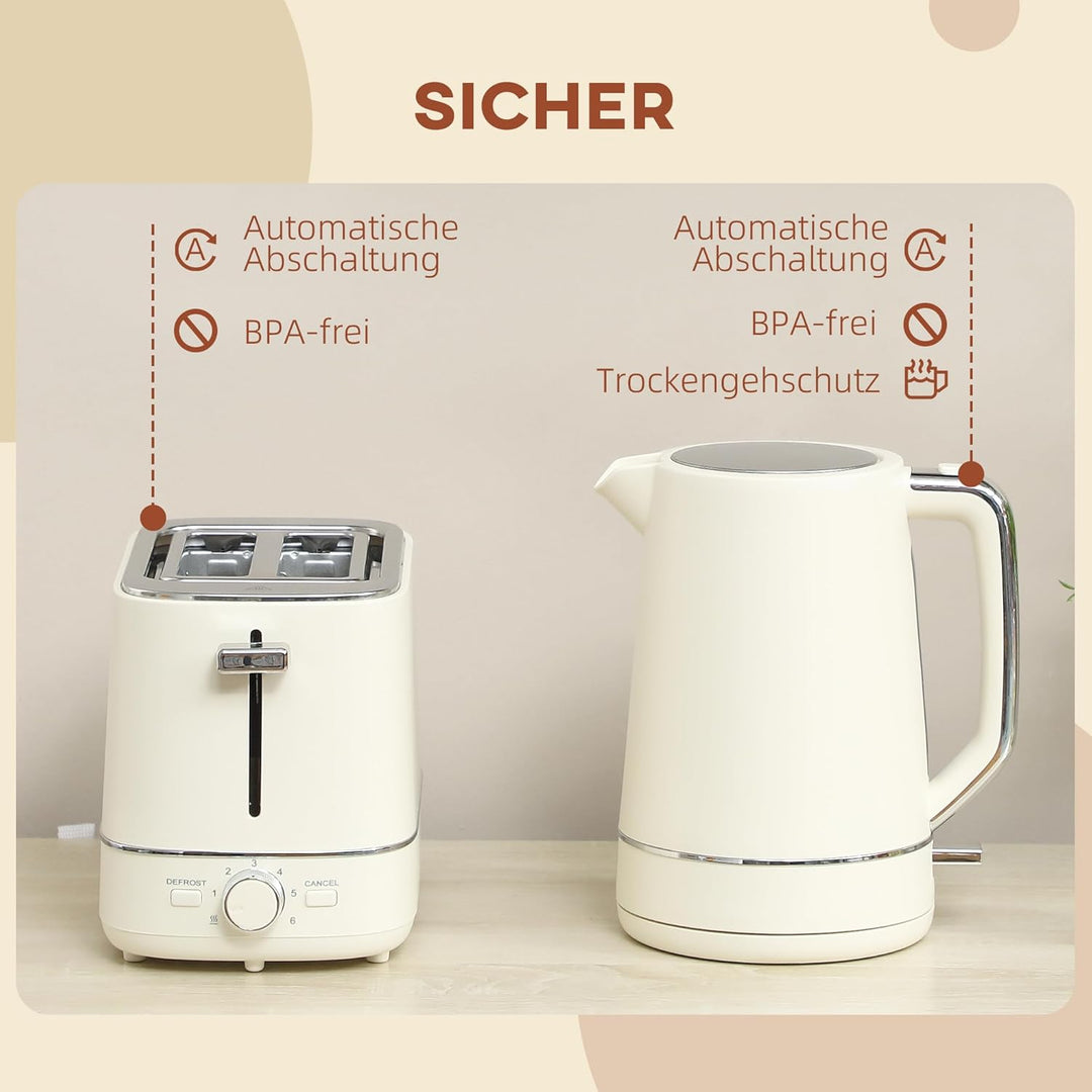 HOMCOM Wasserkocher Toaster Set 2200 W 1,7L Wasserkocher, 2 Scheiben Toaster, 6 Bräunungsstufen, Auf