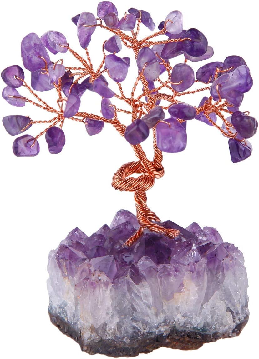 KYEYGWO Geld Baum umwickelt auf Crystal Base Bonsai Skulptur Figur für viel Glück Amethyst 7CM-13CM,