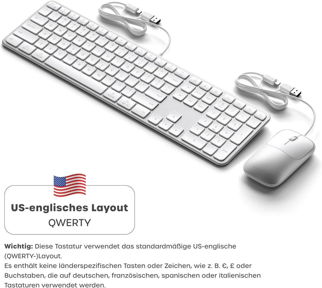 SATECHI Kabelgebundenes Tastatur- und Maus-Set Slim CLX3, 𝗨𝗦-𝗘𝗡𝗚𝗟𝗜𝗦𝗖𝗛 𝗤𝗪𝗘𝗥𝗧𝗬 Layout, USB-C Plug-and-