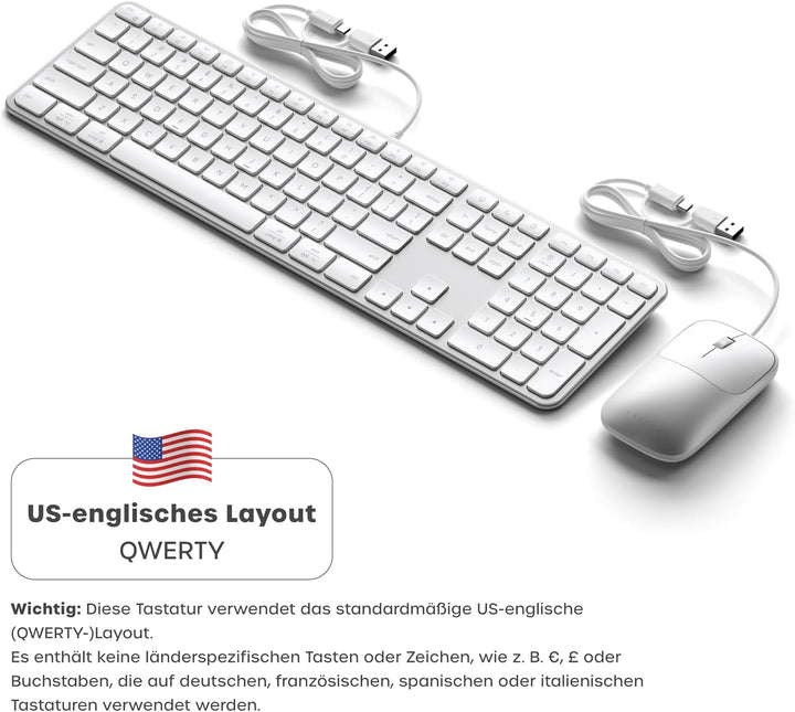 SATECHI Kabelgebundenes Tastatur- und Maus-Set Slim CLX3, 𝗨𝗦-𝗘𝗡𝗚𝗟𝗜𝗦𝗖𝗛 𝗤𝗪𝗘𝗥𝗧𝗬 Layout, USB-C Plug-and-