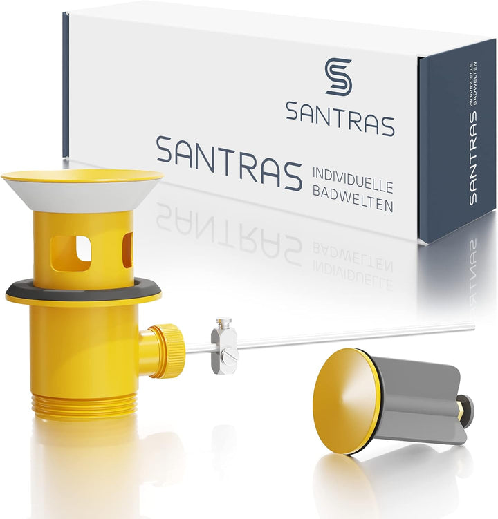 SANTRAS® Exzenter Ablaufgarnitur Premium für Waschtisch mit Schutz vor Überlauf in Gelb – Komplette