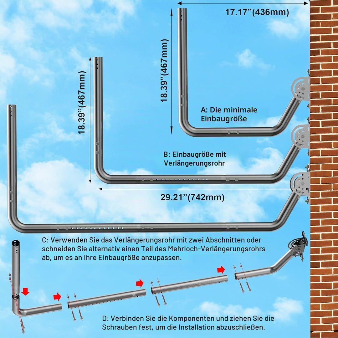 Langer Wand-Antennenhalter - Langer Dachrinnenstab mit 90° Winkel, Verlängerungsrohr, Verbindungsada
