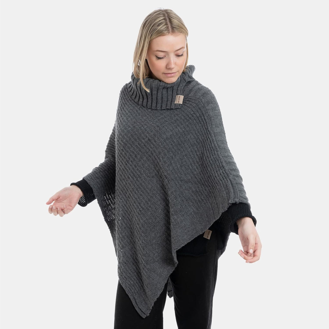 KNIT FACTORY - Nicky Gestrickter Poncho - Damen Strickponcho mit Kragen - Mit Wolle - Hochwertige Qu
