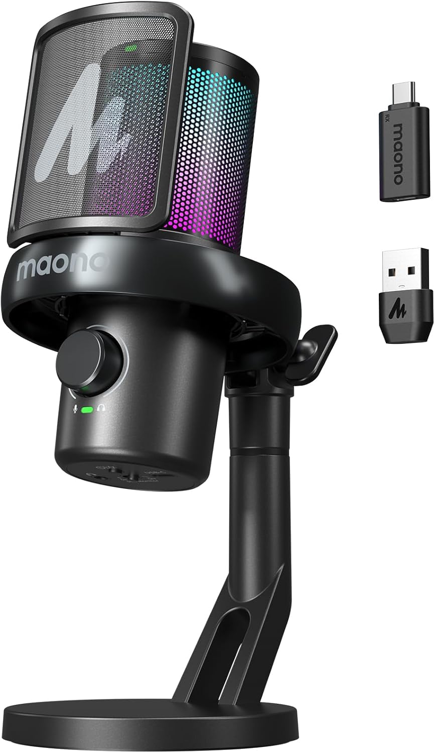 MAONO Mikrofon Kabellos für PC, Mikrofon PC mit Software-KI-Stimmänderung, 3-stufiger Rauschunterdrü