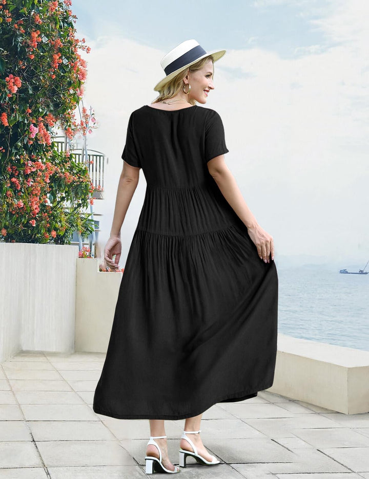 YESNO Damen Kleider Freizeit Lose Sommerkleid Lang Boho Maxikleid für Rundhals Strandkleid Blumenkle
