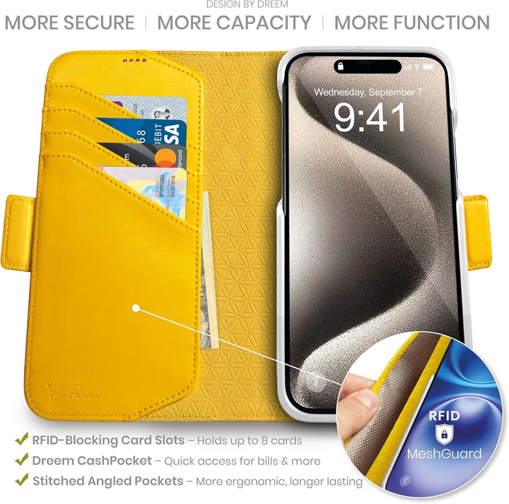 Dreem Fibonacci kompatibel mit iPhone 15 Pro Max Brieftaschen-Etui / 2-in-1 stossfestes Etui und abn