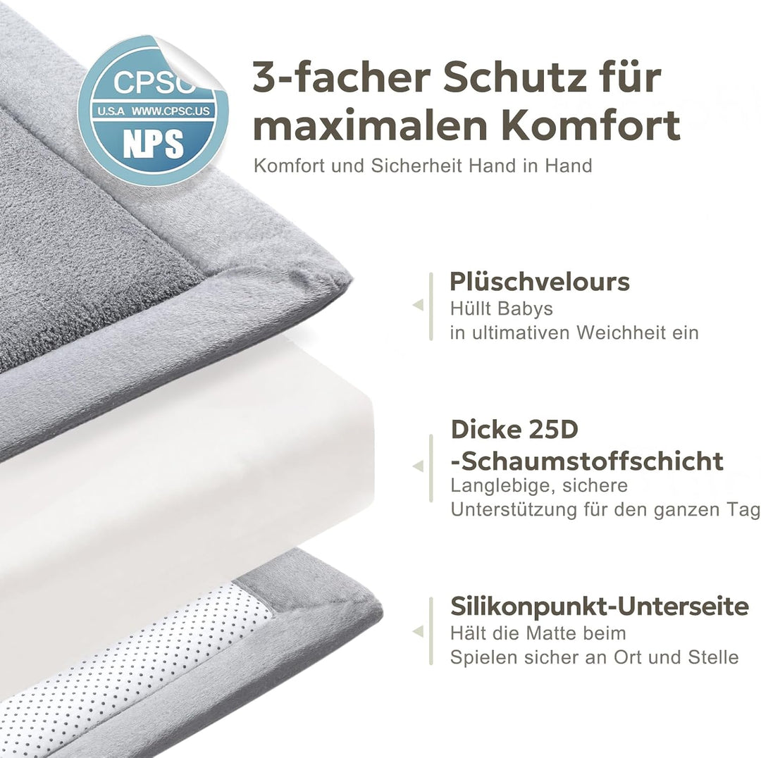 Mallify Spielmatte Baby 127x127x3,3cm – Krabbelmatte mit hochwertigem Memory-Schaum &amp; Rutschfester U