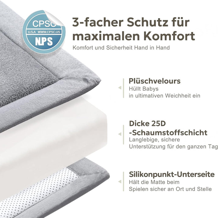 Mallify Spielmatte Baby 127x127x3,3cm – Krabbelmatte mit hochwertigem Memory-Schaum &amp; Rutschfester U