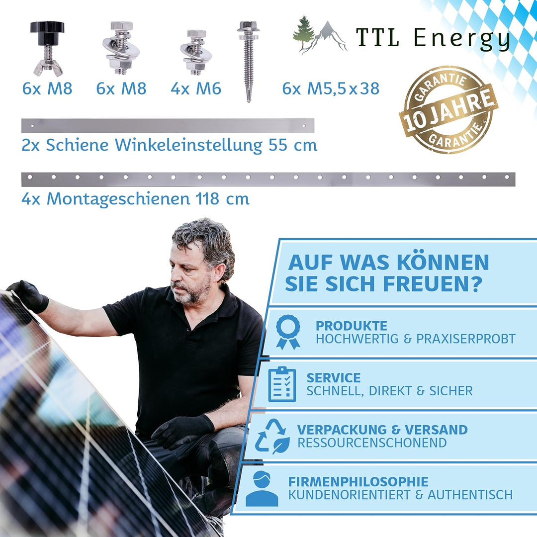 Solarmodul Halterung Alu 118 cm 46“ 2er Set 1 Paar - bis 600W - 0-90° Winkel einstellbar Montage &amp; B